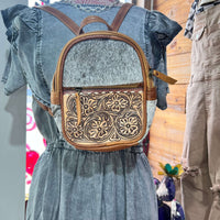 Tooled Leather & Cow Hide Mini Back Back