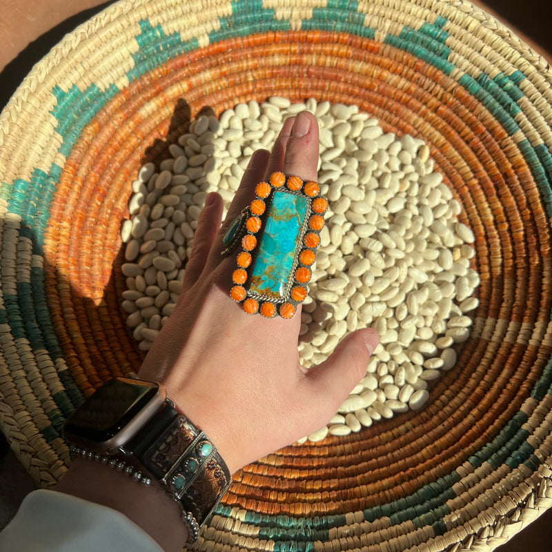 Big Turquoise & Orange Spiny Genuine Adjustable Ring