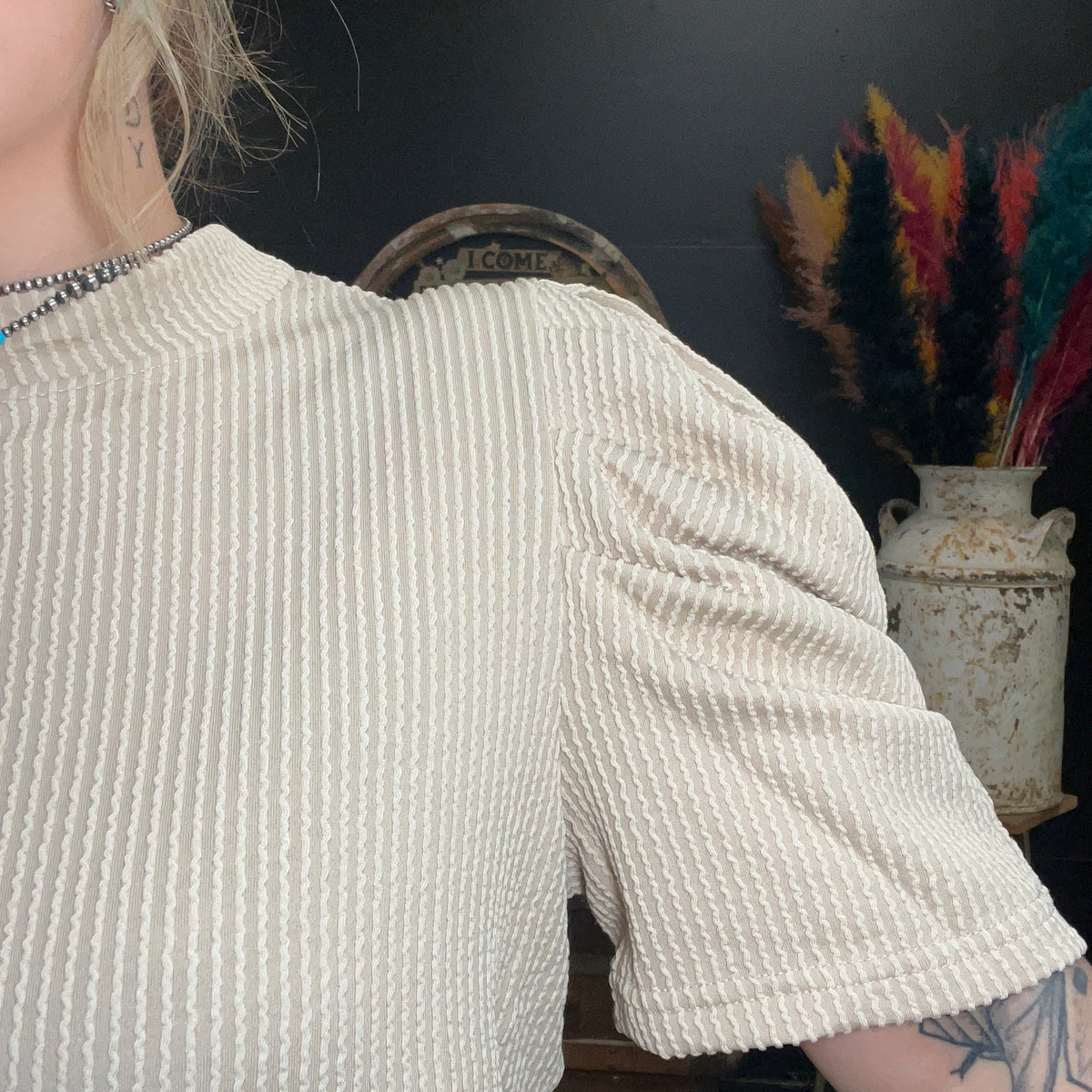 Tan Bare My Sole Bubble Short Sleeve Top size small