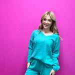 Turquoise Comfy Set Long Sleeve Top w/ Pockets Shorts
