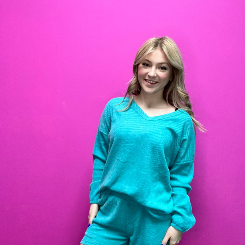 Turquoise Comfy Set Long Sleeve Top w/ Pockets Shorts