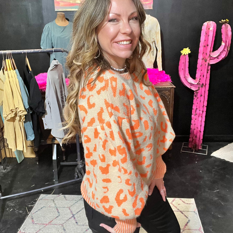 Tan and Orange Leopard Bubble Sleeve Sweater
