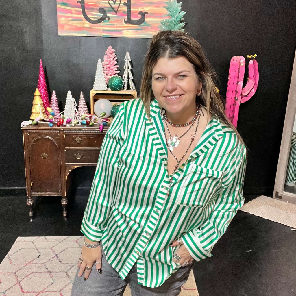 Green and White Striped Satin Button Down Long Sleeve Top