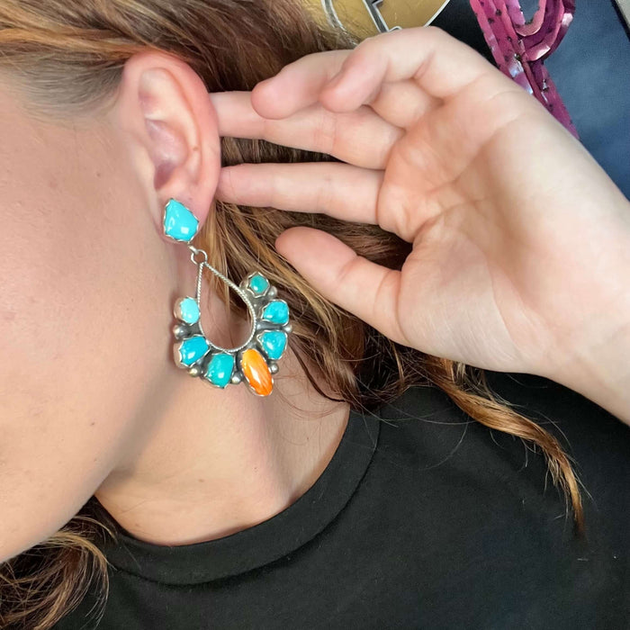 Stunning Statement Turquoise with Orange Spiny Post Sterling Silver Earring