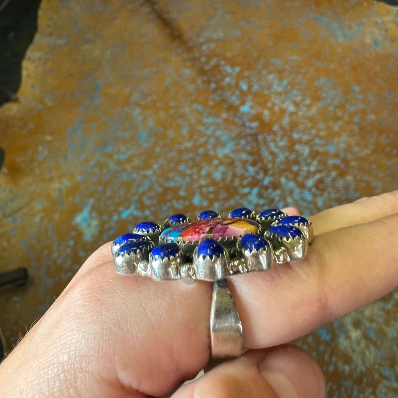 Pink Dahlia and Lapis Cluster Adjustable Genuine Ring