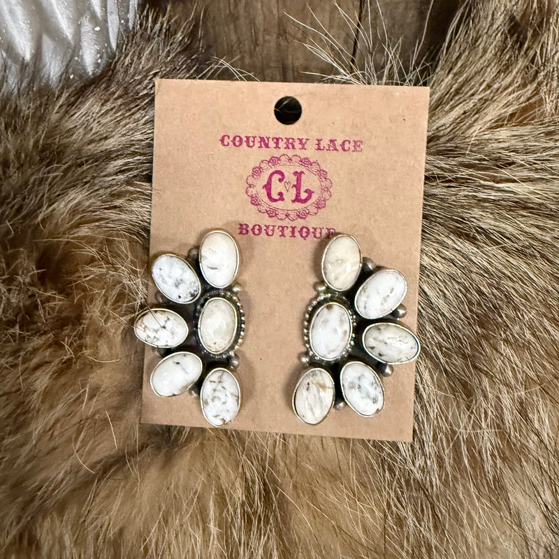 Gorgeous Half Cluster White Buffalo Stud Post Genuine Earring