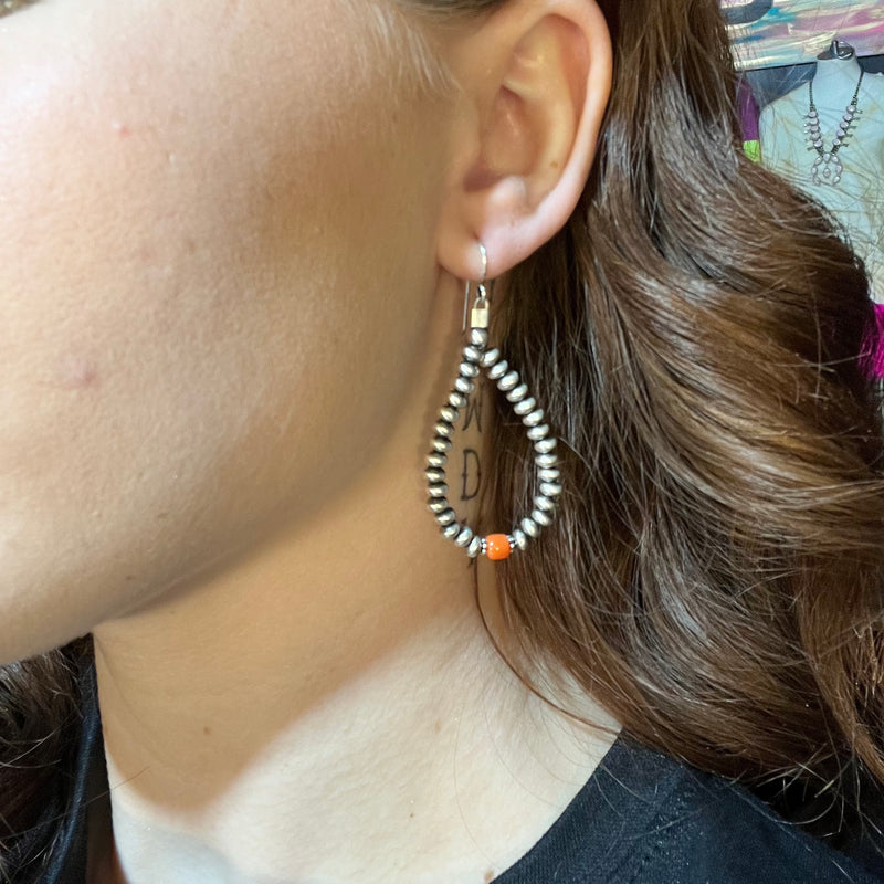 Orange Spiny and Navajo Pearl Disc Teardop Navajo Pearl Genuine Earrings