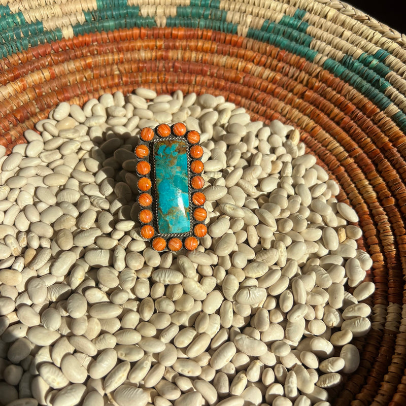 Big Turquoise & Orange Spiny Genuine Adjustable Ring