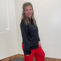 Silky Black Leopard Long Sleeve Button Up Top