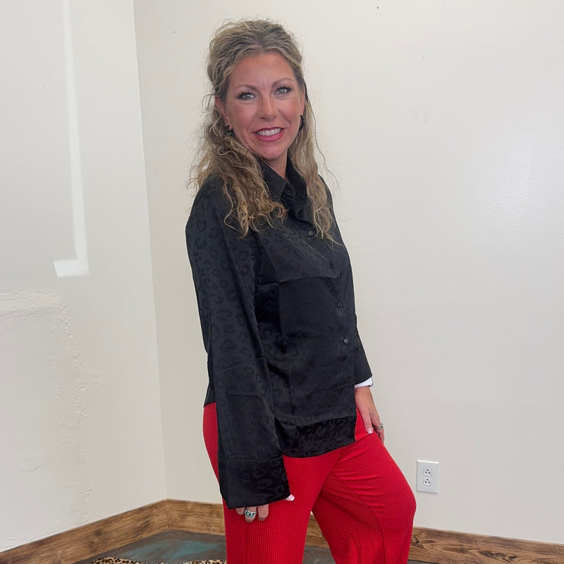 Silky Black Leopard Long Sleeve Button Up Top