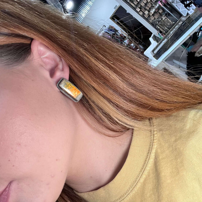 Bumble Bee Rectangle with Rope Detail Post Sterling Silver Earring