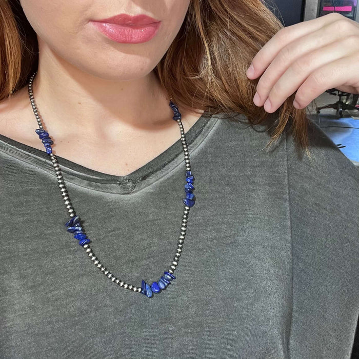 24 Inch 4mm Navajo Pearl with Chipped Blue Lapis Genuine Necklace