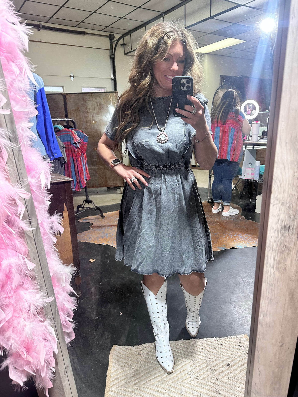 Black Acid Wash Short Ruffle Sleeve Denim Dress / Large