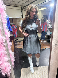 Black Acid Wash Short Ruffle Sleeve Denim Dress / Large