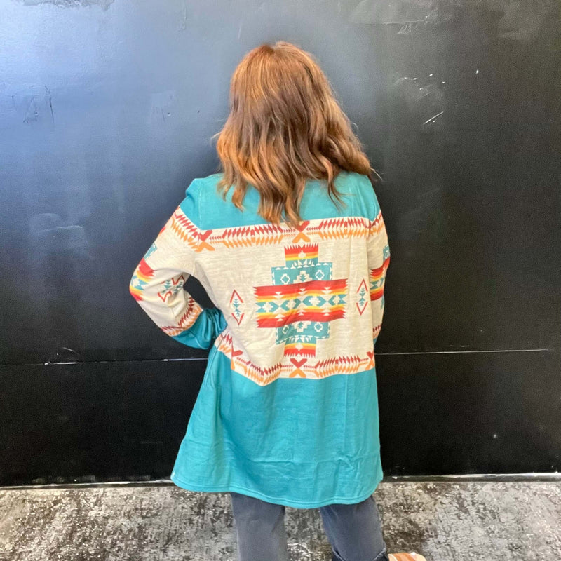 Turquoise with Tan Red Rust Aztec Cardigan Duster