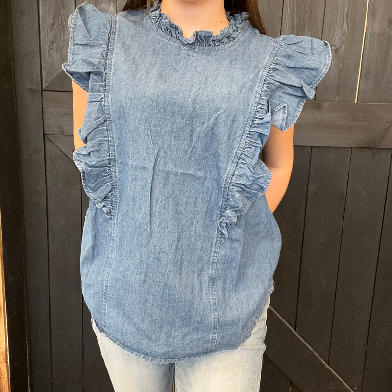 Mock Ruffle Trim Denim Cap Sleeve Top