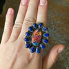 Pink Dahlia and Lapis Cluster Adjustable Genuine Ring