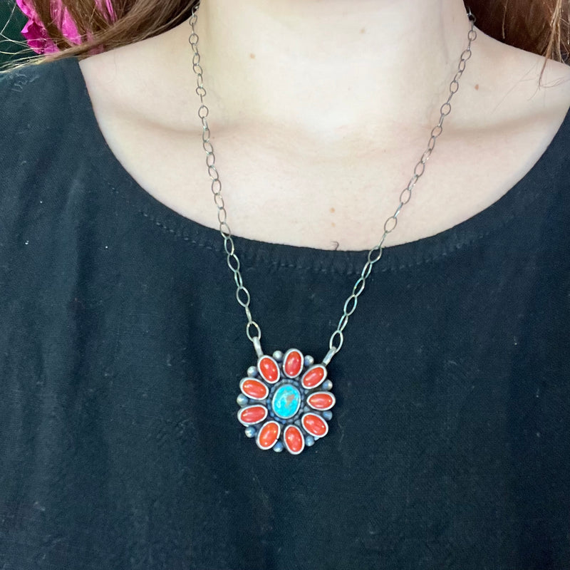 Red Coral Cluster with a Sonoran Gold Center Genuine Necklace