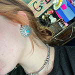 Big Sterling Flower Post Stud W/ Turquoise Genuine Earring