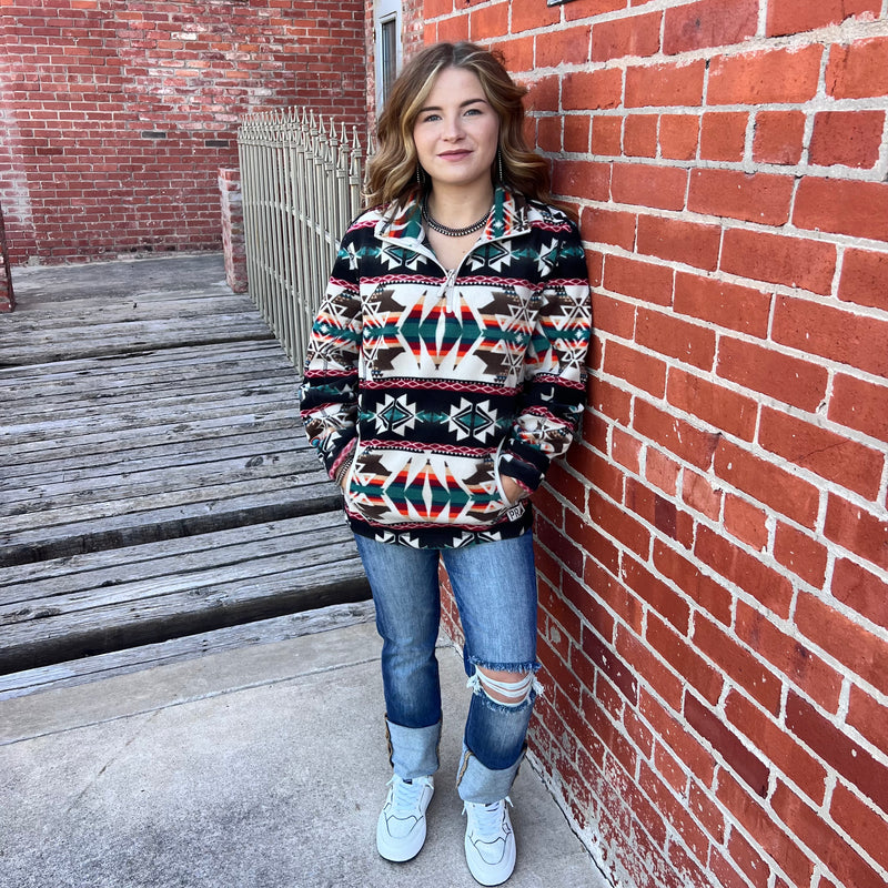 Natural Powder River Aztec Printed Fleece Pullover