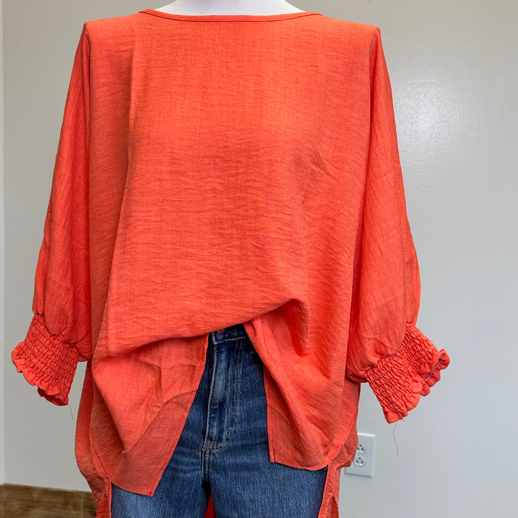 Orange Blouse with Smocking Sleeves Top