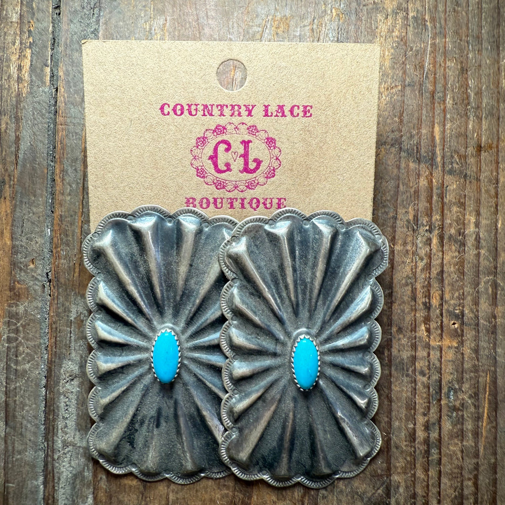 Concho Post Turquoise Big Genuine Earring.