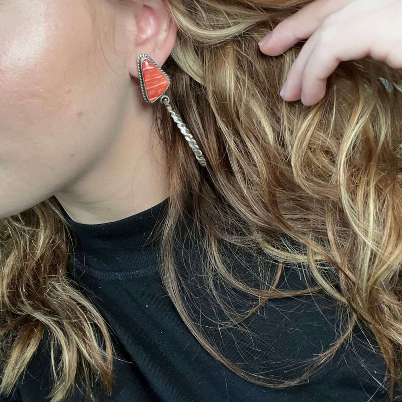 Red Spiny Triangle Movable Hoop Sterling Silver Earring