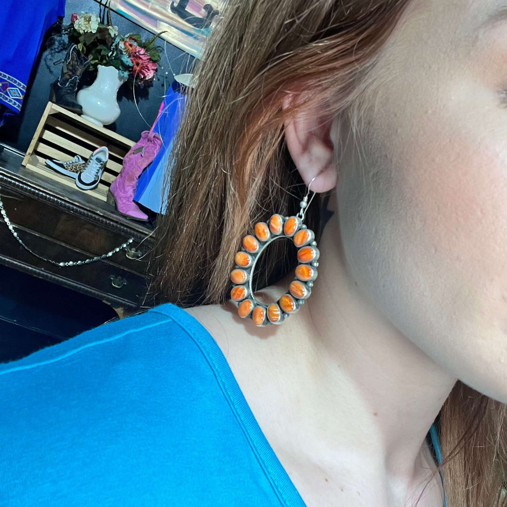 Gorgeous Orange Spiny Round Halo Genuine Earrings