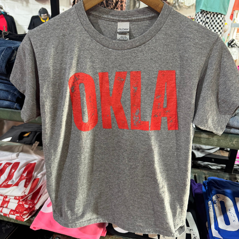 Grey RED okla Youth Crew Neck T-shirt