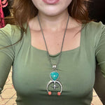 Naja with Big Turquoise and Red Coral Sterling Silver Necklace Pendant