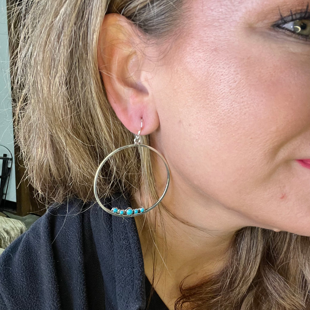 Silver Dainty w/ Turquoise 2 Inch Hoop Genuine Earring