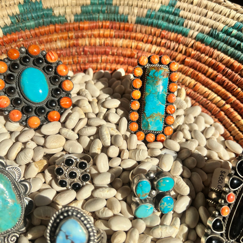 Big Turquoise & Orange Spiny Genuine Adjustable Ring