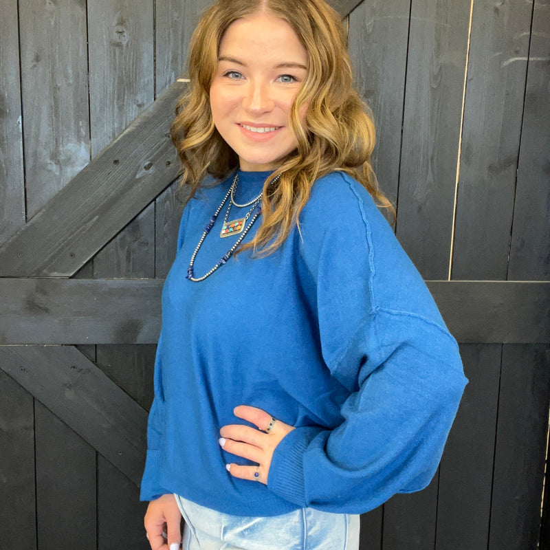 Blue Super Soft Inside Out Crop Long Sleeve Sweater