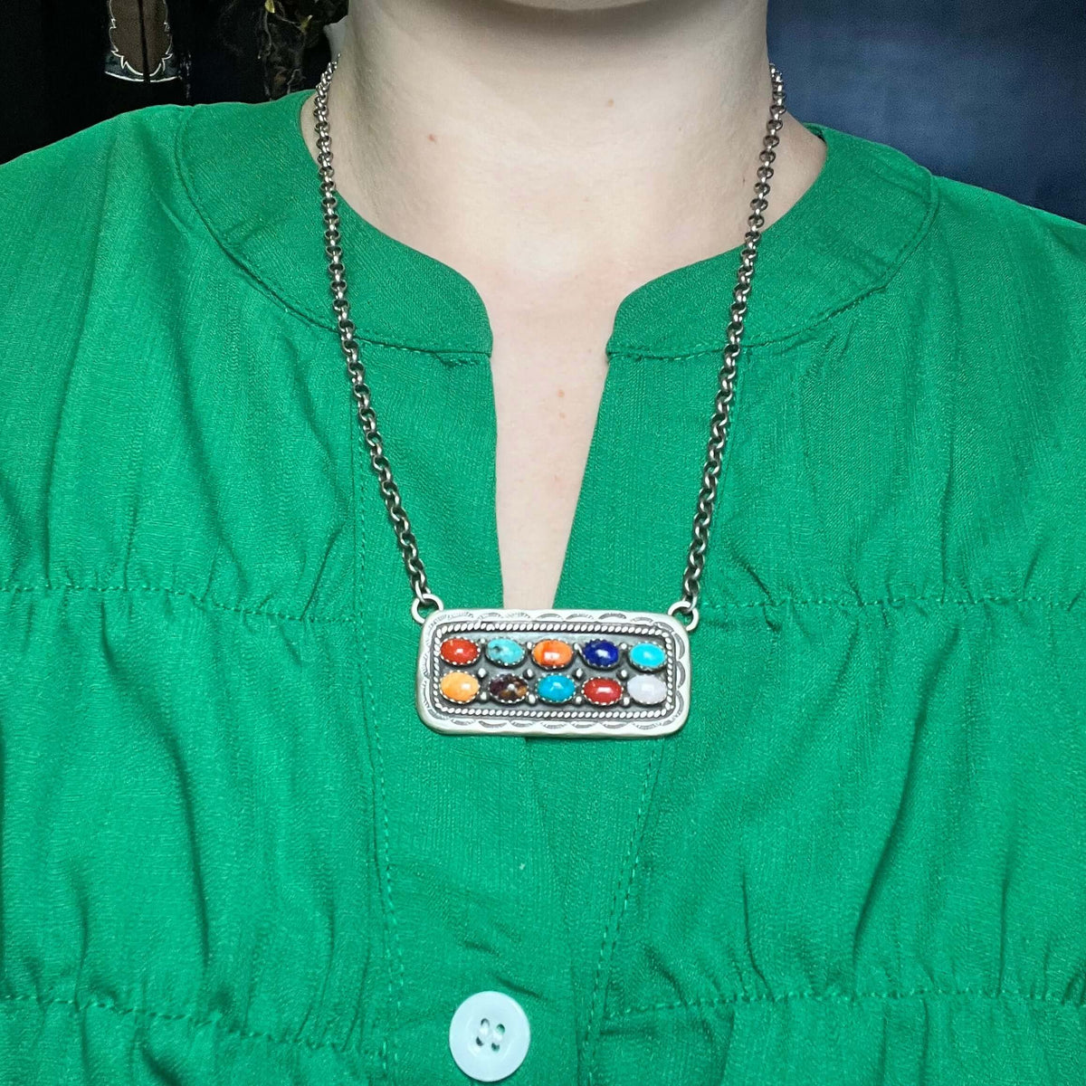 Multi Colored Stamped Detail Sterling Silver Necklace