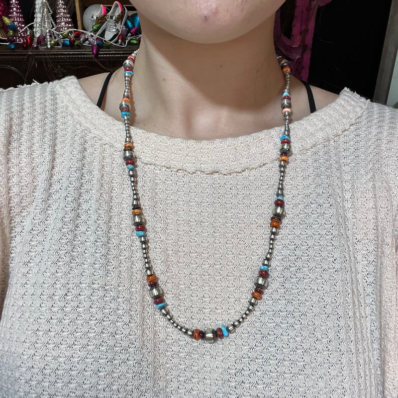 24 inch Multistone Patterned Navajo Pearl Genuine Necklace