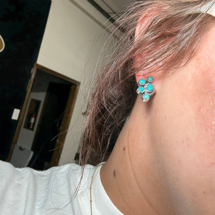 Dainty Half Cluster Turquoise Post Stud Sterling Silver Earring
