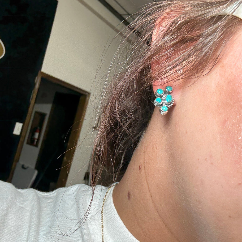 Dainty Half Cluster Turquoise Post Stud Genuine Earring