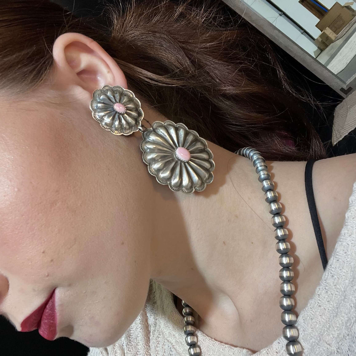 Double Concho W/ Pink Conch Post Sterling Silver Earring