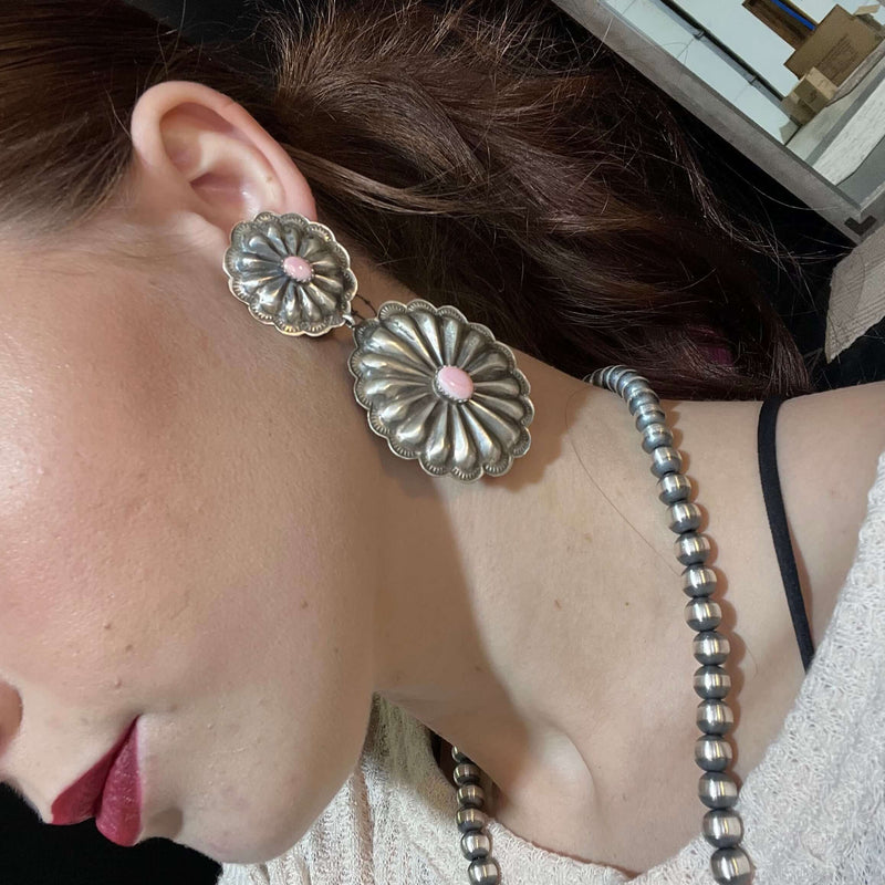 Double Concho W/ Pink Conch Post Sterling Silver Earring