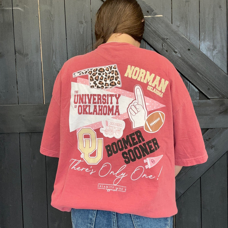 Person wearing a red 'University of Oklahoma' t-shirt with graphics and text.