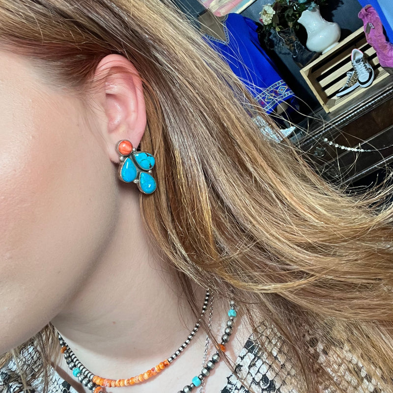 Turquoise and Red Spiny Post Genuine Earring