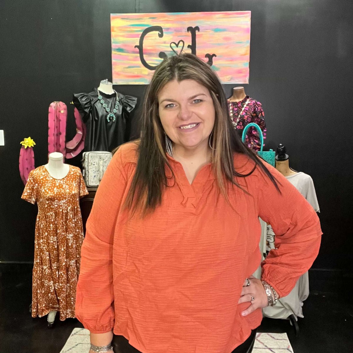 Rust Orange Bubble Sleeve Collared Plus Top