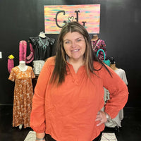 Rust Orange Bubble Sleeve Collared Plus Top