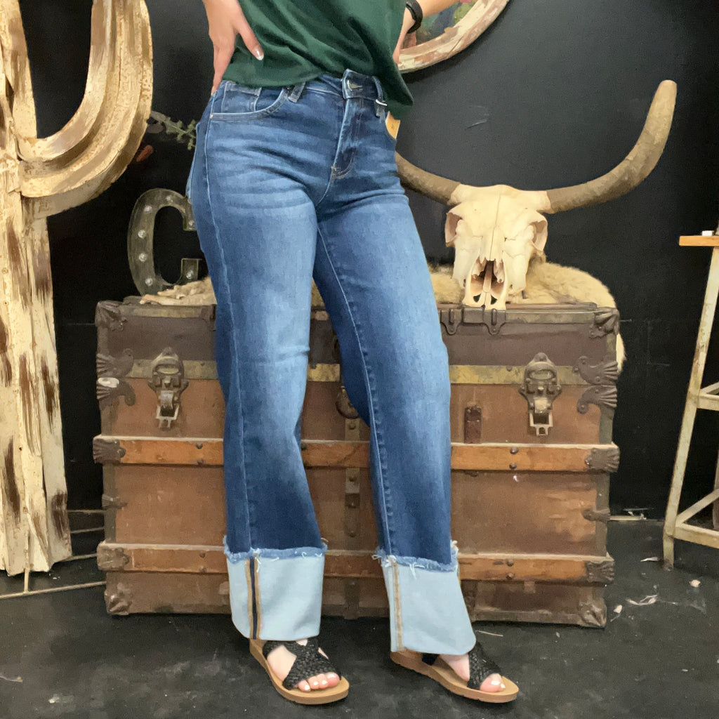 Dark Mid Rise Crop Wide-Wide Cuffed Risen Jeans