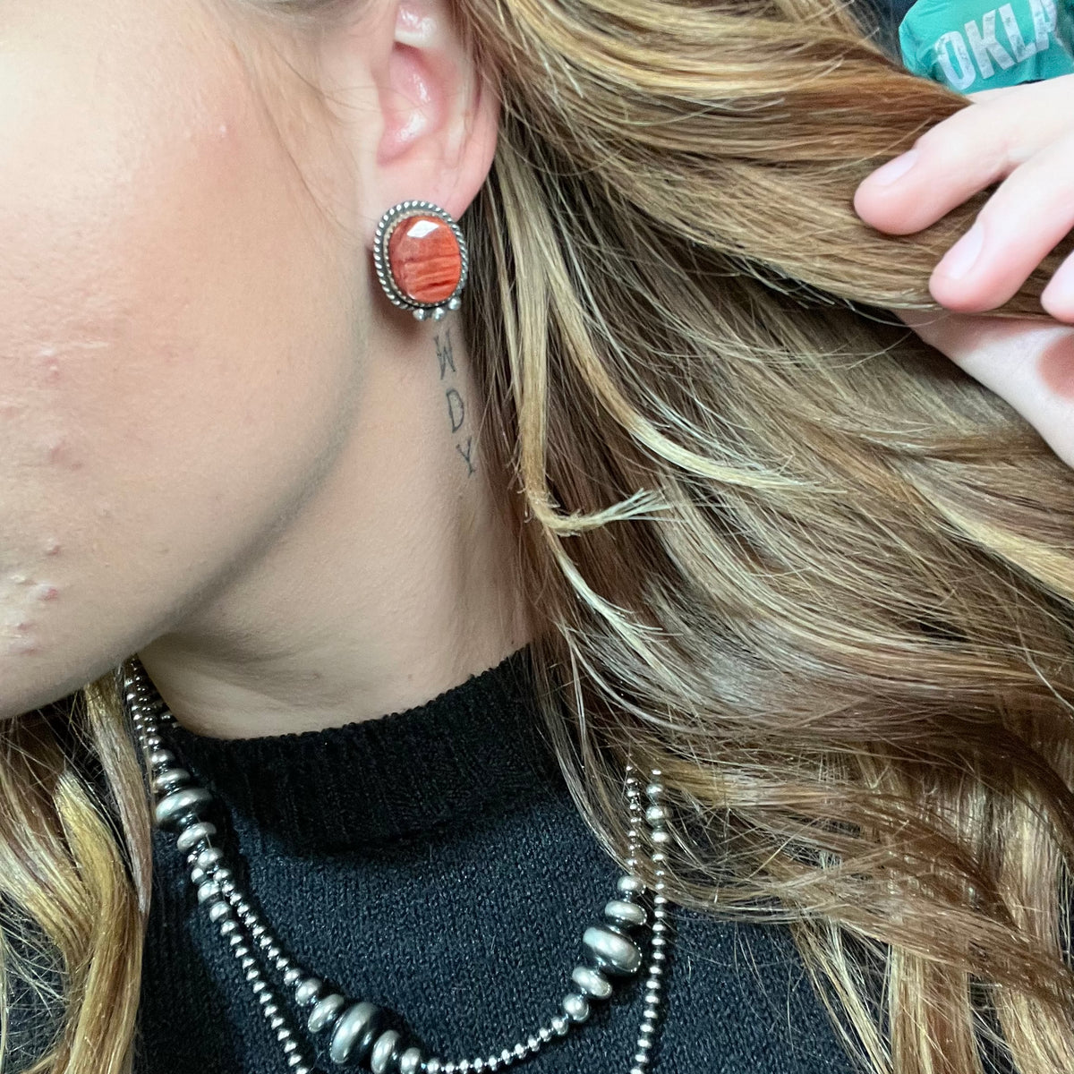 Unique Orange Spiny with Detail Post Sterling Silver Earring