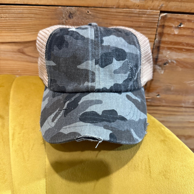 Gray Camo Distressed Criss Cross Pony Tail C.C.Hat