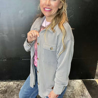  grey ribbed big button top shacket
