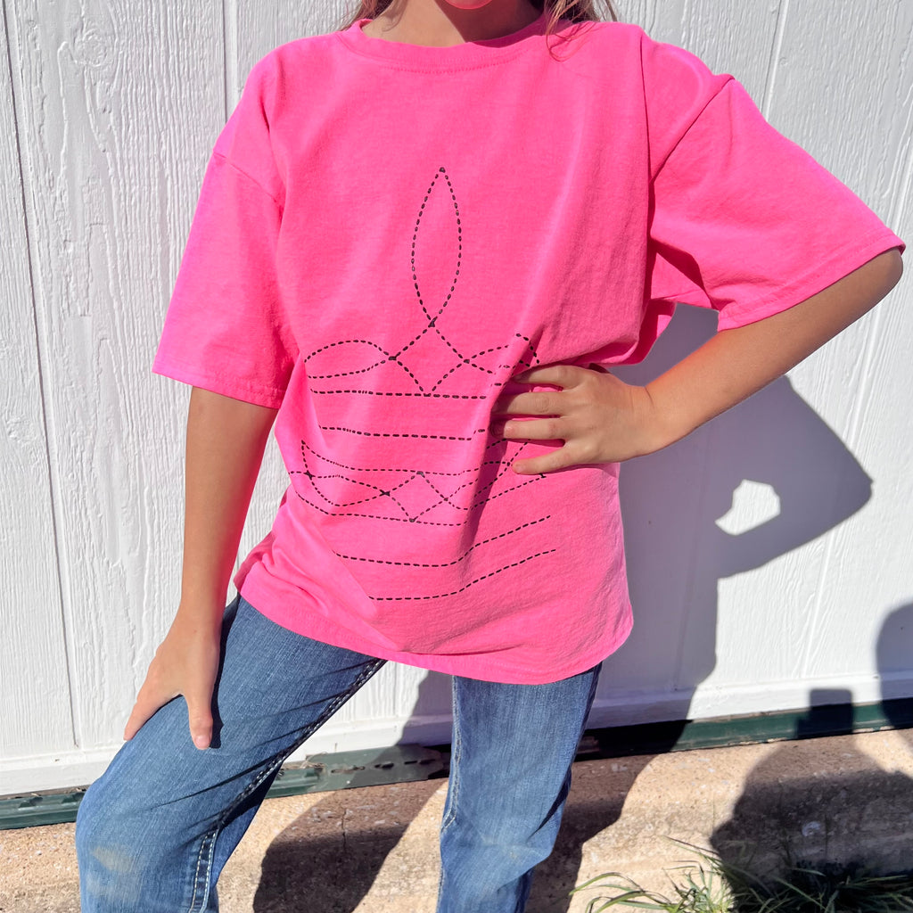 Neon Pink & Black Boot Stitch Crew Neck T-shirt