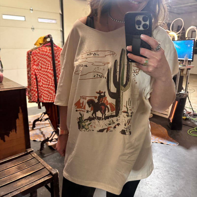 Distressed T-Shirt Dress Cactus and Cowboy Scene Sweatshirt