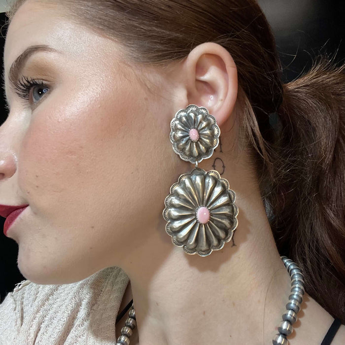 Double Concho W/ Pink Conch Post Sterling Silver Earring